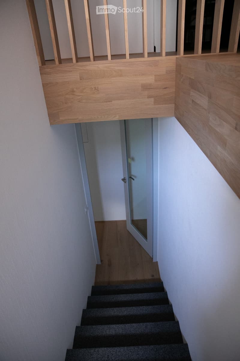 Modern staircase with wooden railing and grey carpeted steps, leading to a glass-paned door at the end.