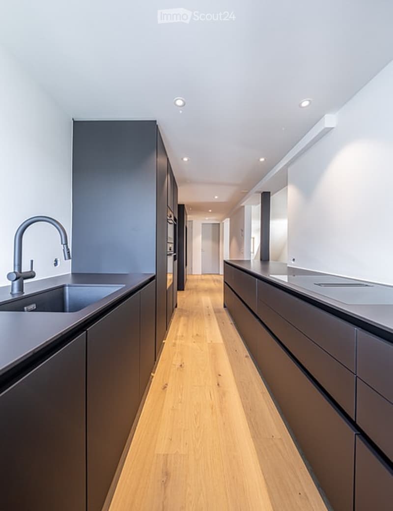 Modern kitchen with sleek dark cabinets, a stainless steel sink, and a polished wooden floor.