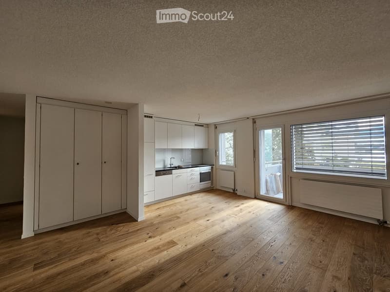 Open-plan living and kitchen area with light wooden flooring, white kitchen cabinets, sink, faucet, oven, and large windows with blinds. Radiators are visible along the wall.
