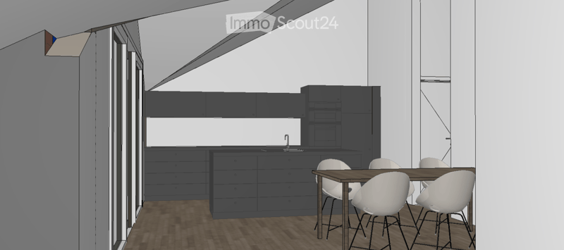 A modern kitchen with dark grey cabinets, a central island with a sink and faucet, and a dining area with a wooden table and white chairs.