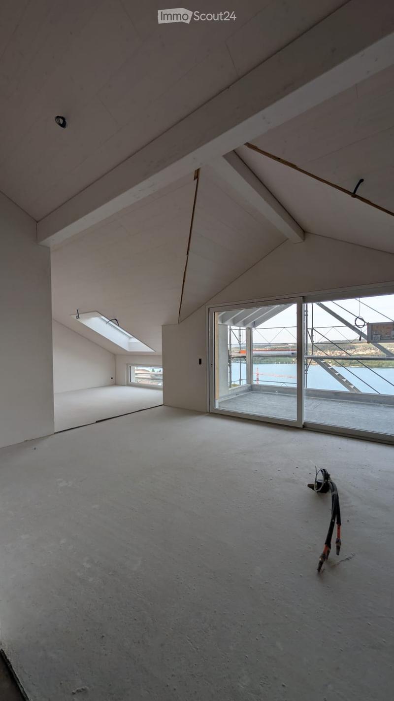 Empty attic space with concrete floor, white walls, skylight windows, and a large glass door leading to a balcony.