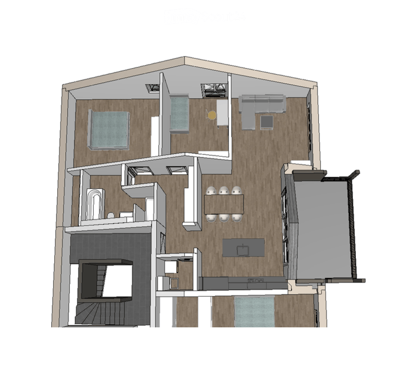 Floor plan of a modern2-story house with open-plan living and dining areas, kitchen, bedrooms, bathrooms, and a staircase leading to the upper level.