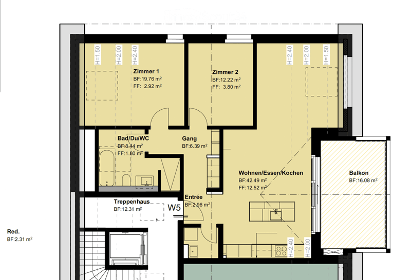Floor plan of a residential unit featuring two bedrooms, a bathroom, a living/dining/kitchen area, a hallway, an entrance, a staircase, and a balcony.