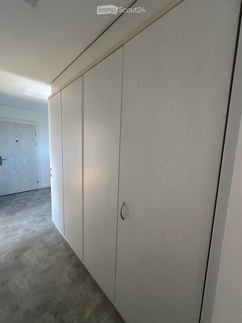 Empty hallway with light-colored wooden cabinets on one side and a door at the end.