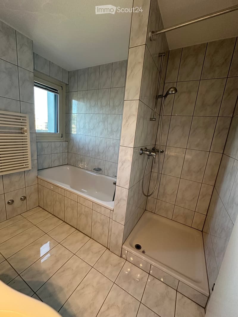 Modern bathroom with a bathtub, separate shower area, tiled walls and floor, and a window providing natural light.