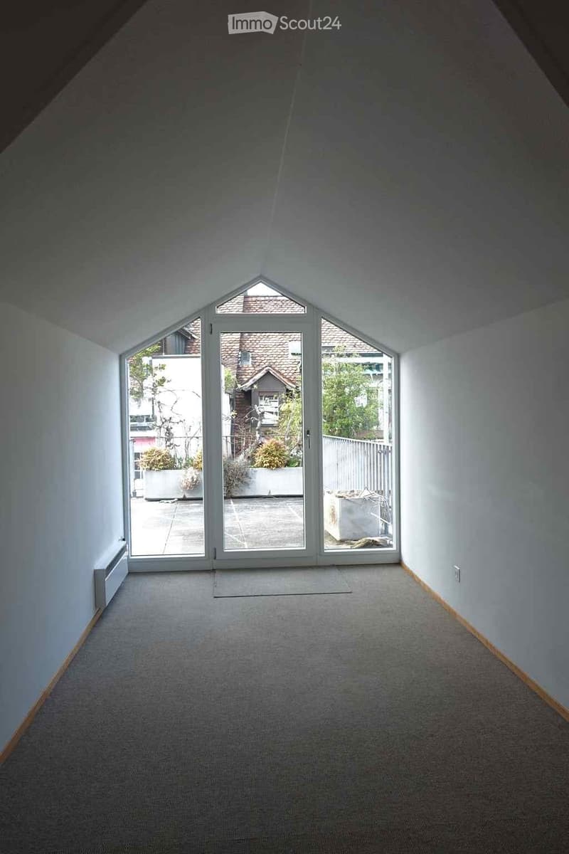 Empty attic space with carpeted floor, white walls, and large skylight windows leading to an outdoor area.