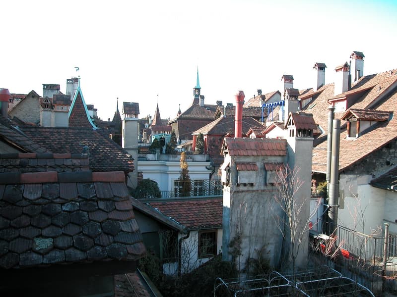 A view of a dense urban area with multiple buildings featuring red-tiled roofs, chimneys, and various architectural styles, including spires and domes.