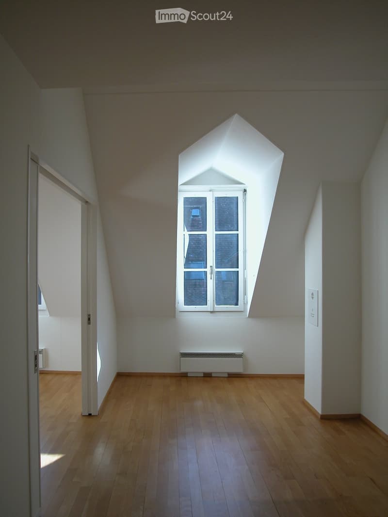 Empty attic room with wooden flooring, white walls, and a skylight window. No furniture or equipment present.