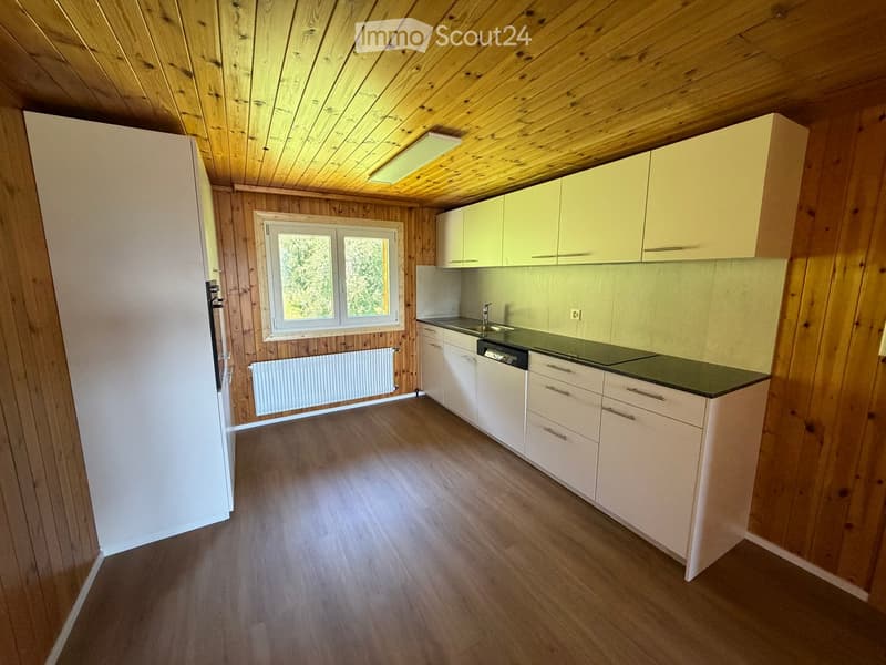 Bright kitchen with wooden walls and ceiling, white cabinets, a sink, and a radiator under a window.