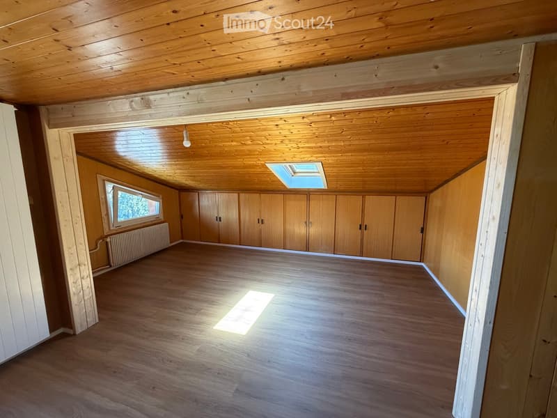 Empty room with wooden flooring, wooden ceiling, built-in wooden cabinets, a window, and a skylight.