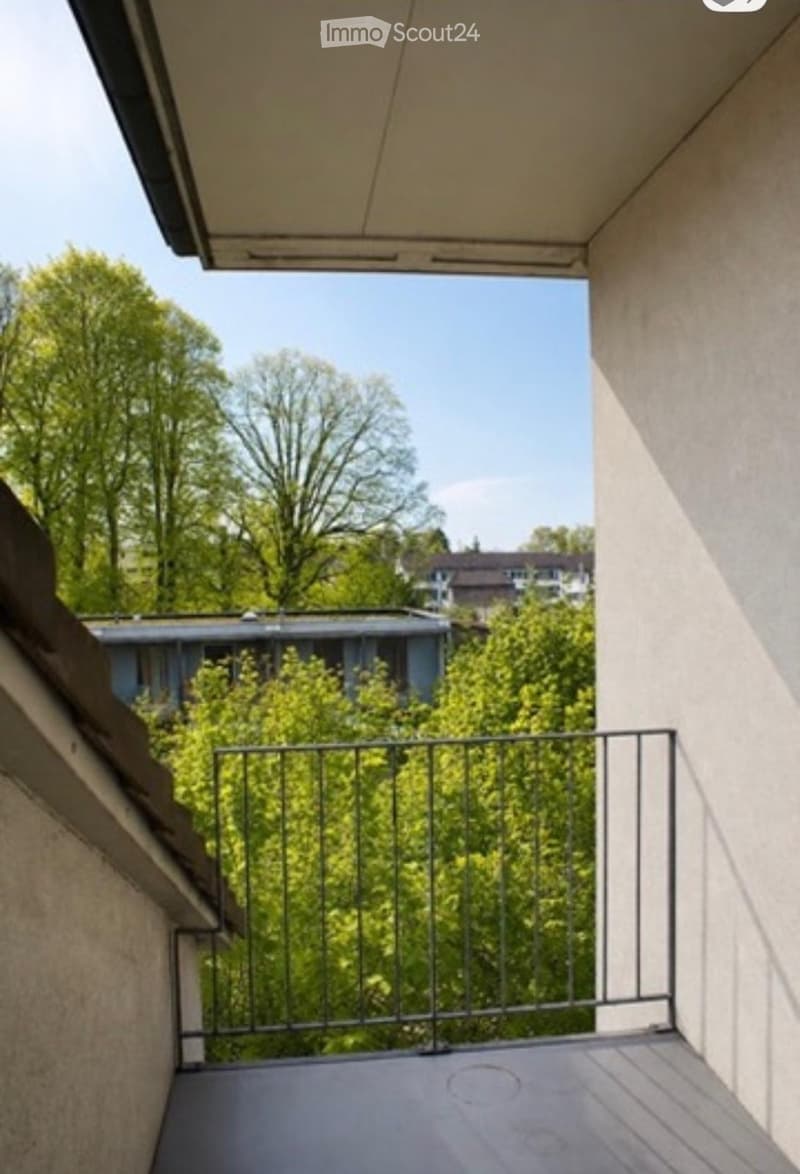 Balcony with metal railing, overlooking a green area with trees and neighboring buildings.