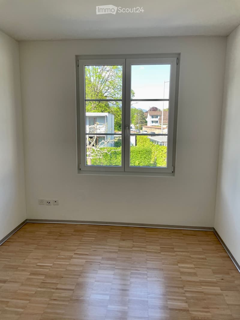 Empty room with wooden flooring, white walls, and a large window showing greenery outside.