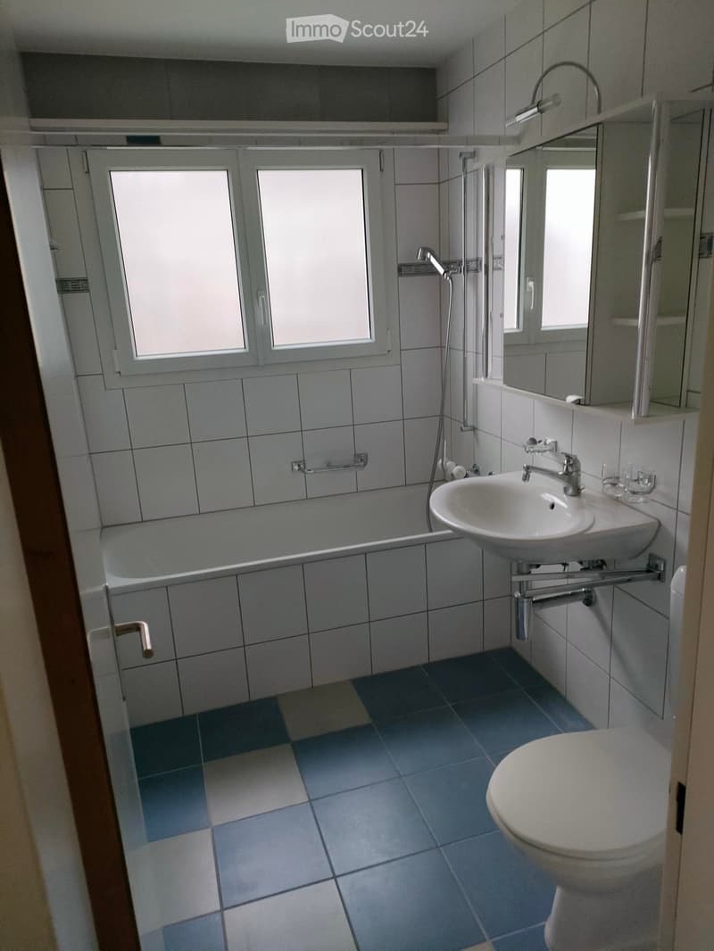 Bathroom with tiled walls, bathtub, sink, mirror, and toilet. Features a window above the bathtub and a small shelf above the sink.
