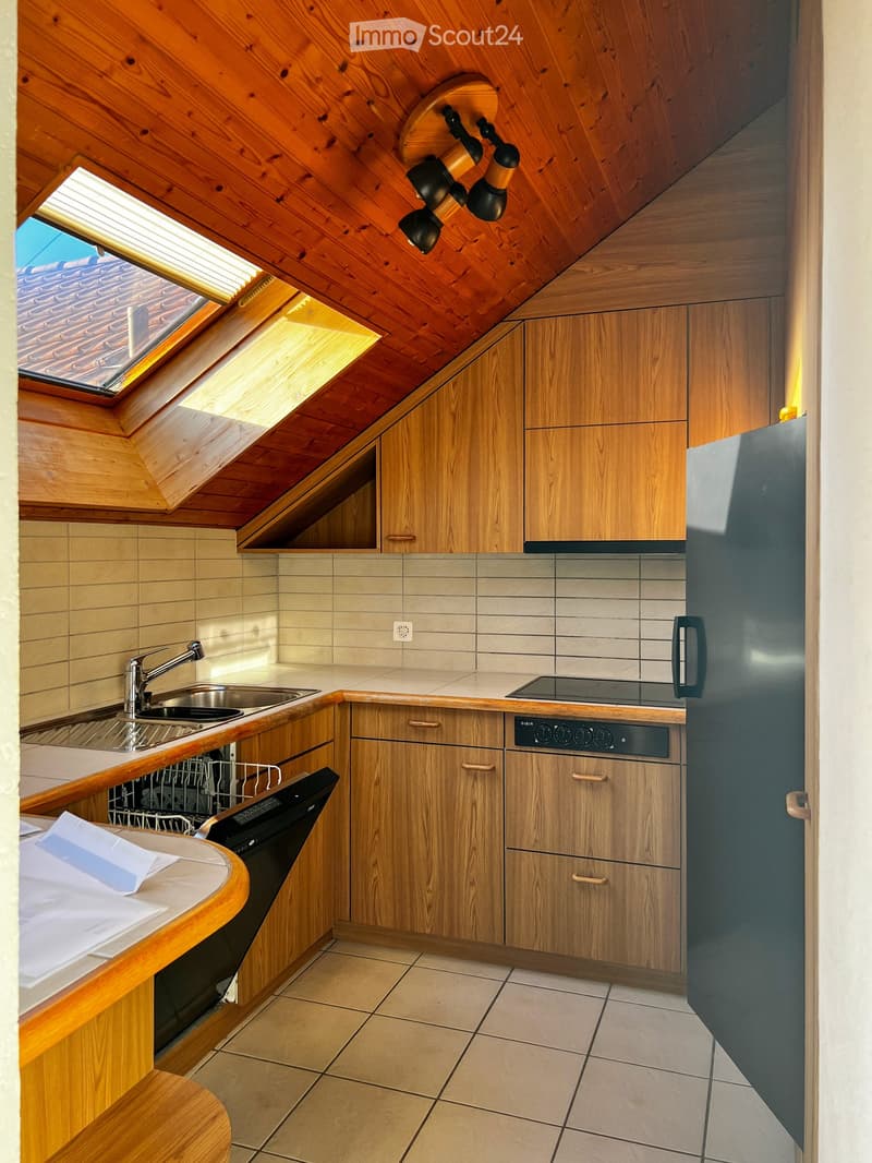 Modern kitchen with wooden cabinets, stainless steel sink, dishwasher, and stove. Features a skylight window and tiled backsplash.