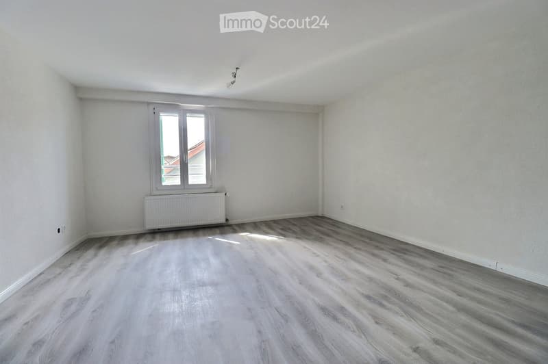 Empty room with light grey wooden flooring, white walls, and a single window with white frame and radiator below it.