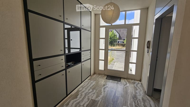 Modern hallway with marble flooring, large glass front door, built-in storage units, and a hanging spherical light fixture.