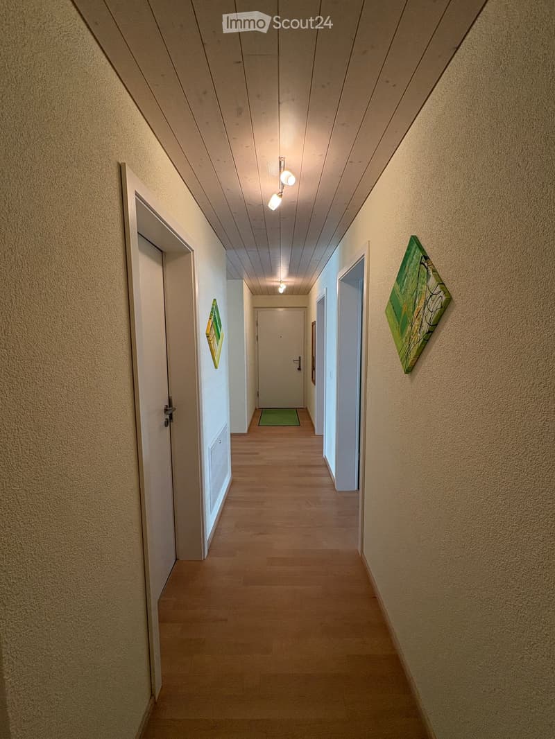 A long, narrow hallway with wooden flooring, beige walls, and recessed lighting. Doors line both sides, and two abstract paintings are mounted on the walls.
