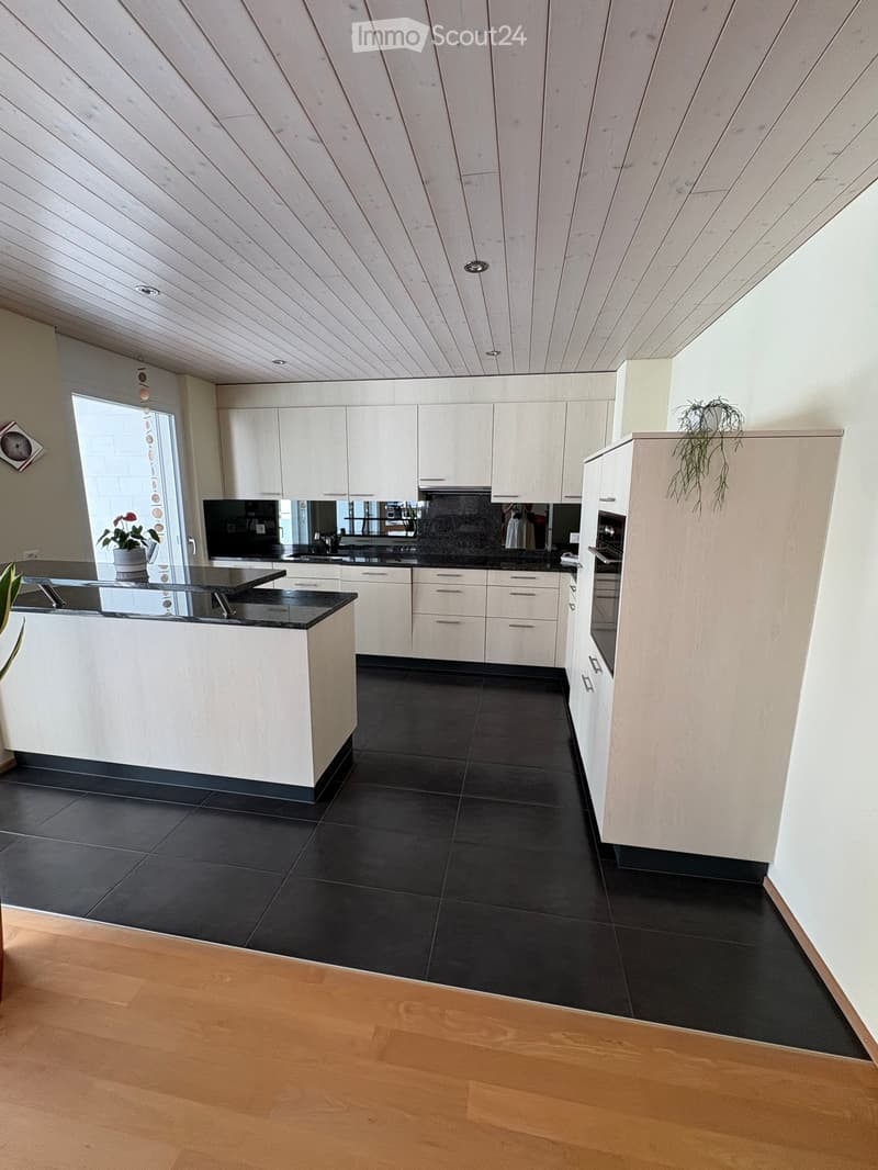 Modern kitchen with white cabinets, black countertops, and a central island. Features include a sink, oven, and small plants on the counter.