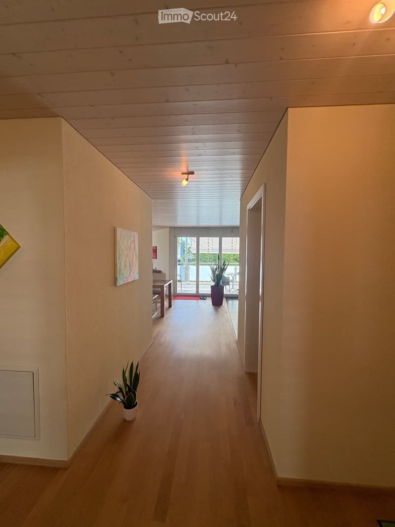 Wooden-floored hallway with recessed lighting, potted plants, and a painting on the wall, leading to a room with a table and chairs.