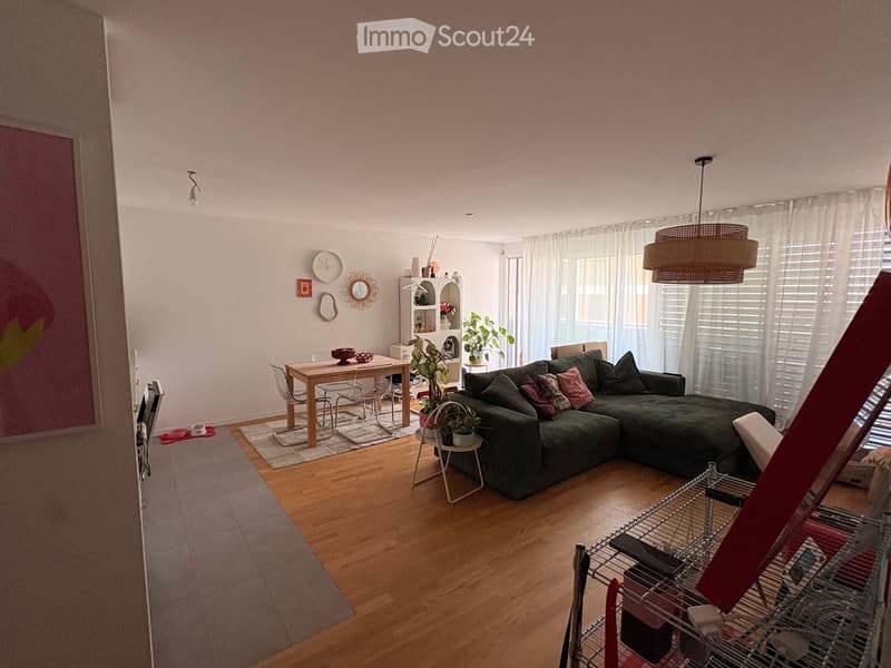 Modern living room with a green sectional sofa, wooden dining table, chairs, decorative mirrors, a shelf with plants, and a hanging woven lamp.