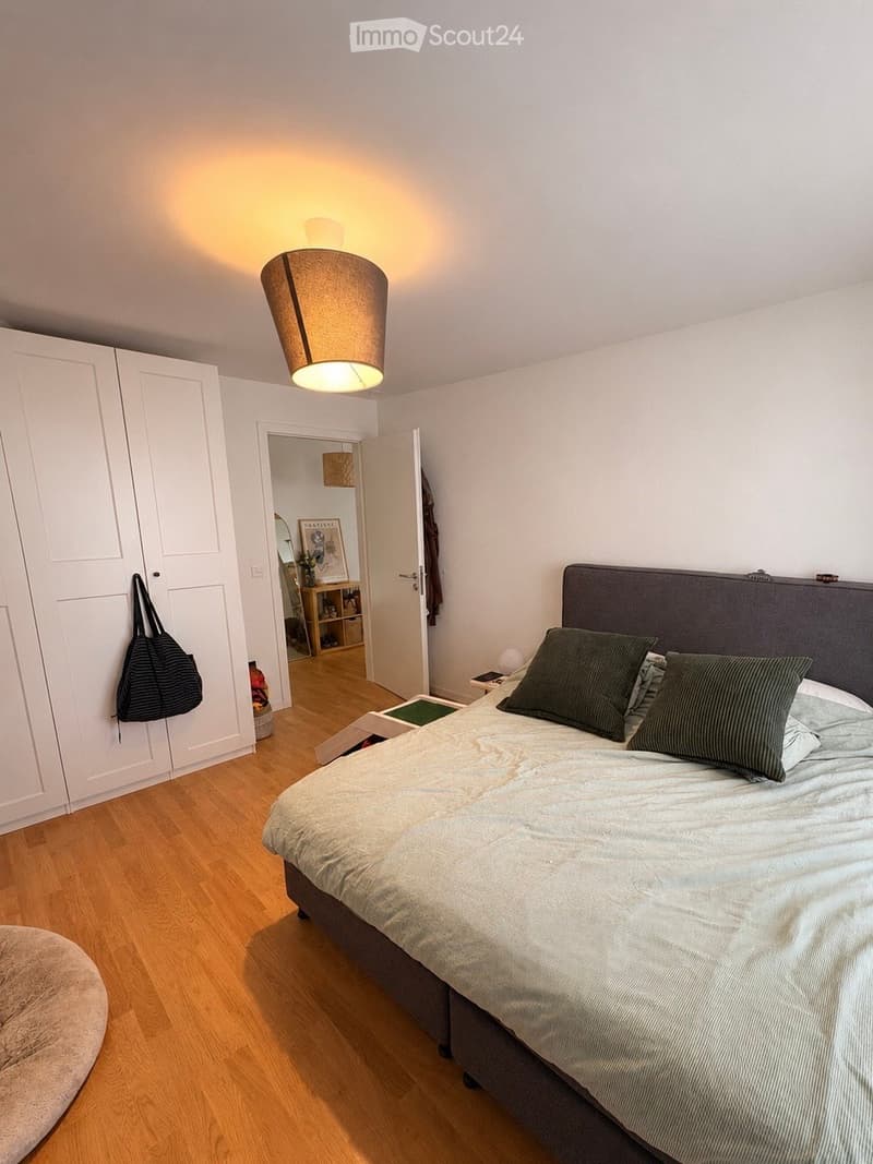 A modern bedroom with a large bed, green pillows, a wardrobe, a hanging handbag, and a pendant light fixture.