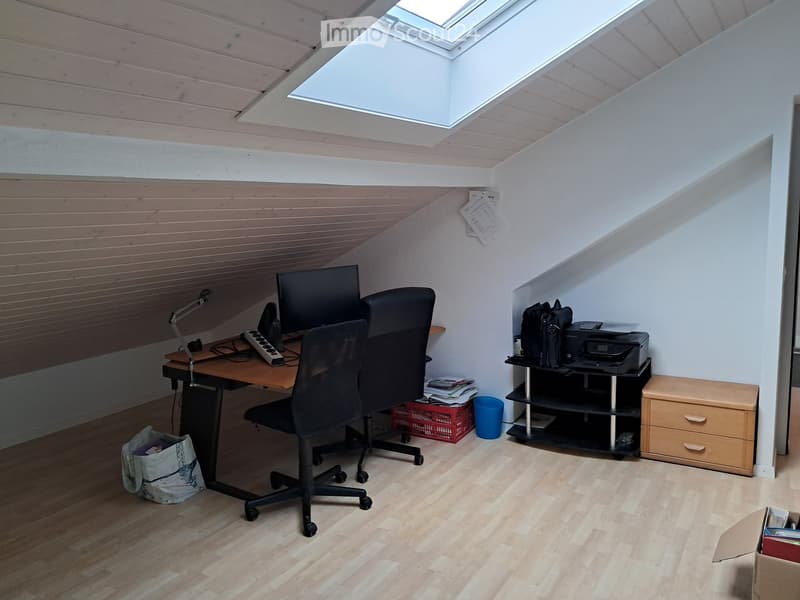 Office space with wooden flooring, slanted ceiling, skylight, desk with computer, office chair, printer, and storage items.