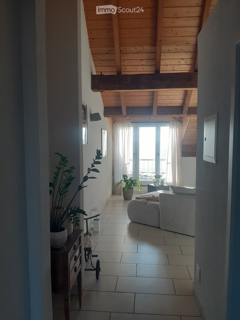 A modern living room with a grey sofa, a small table, potted plants, and a wooden cabinet. The room features exposed wooden beams on the ceiling and large windows with curtains leading to a balcony.