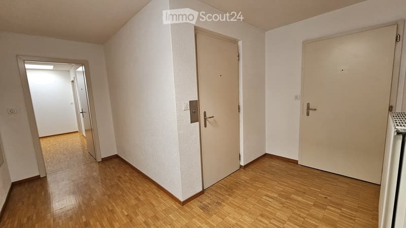 Empty hallway with wooden flooring, white walls, and two closed doors.