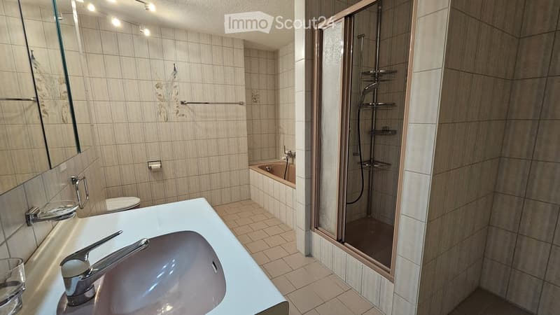 Modern bathroom with a white sink, chrome faucet, large mirror, toilet, bathtub, and a glass-enclosed shower with a glass shelf.