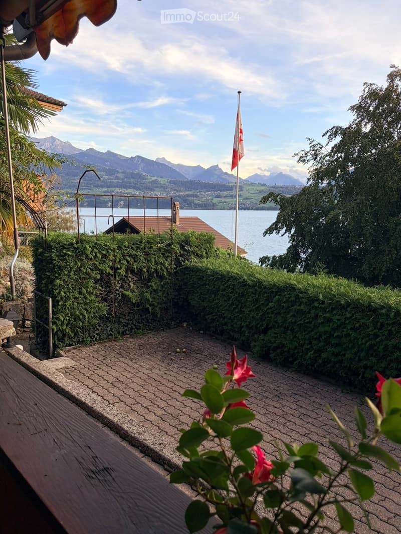 Garden area with brick patio, lush greenery, and scenic mountain and lake view.