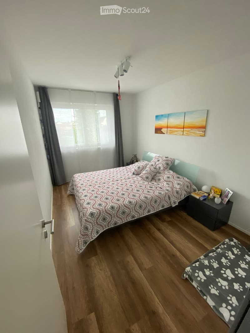 Bedroom with wooden flooring, a double bed with patterned bedding, a nightstand with books and decorative items, a cat sitting on the floor, and a large window with sheer curtains.