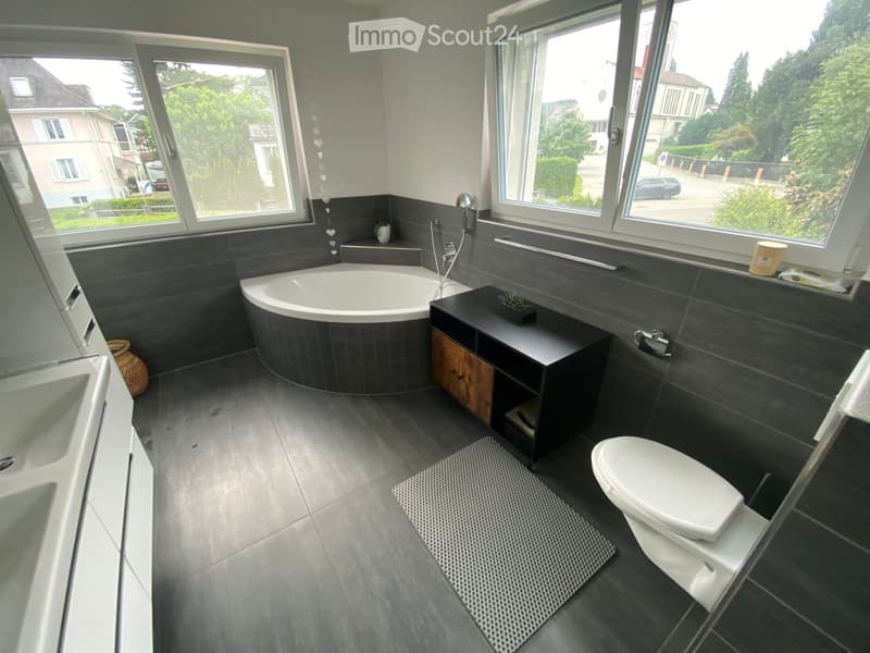 Modern bathroom with dark grey tiles, a freestanding bathtub, a toilet, a sink with a vanity cabinet, and a small bathroom rug.