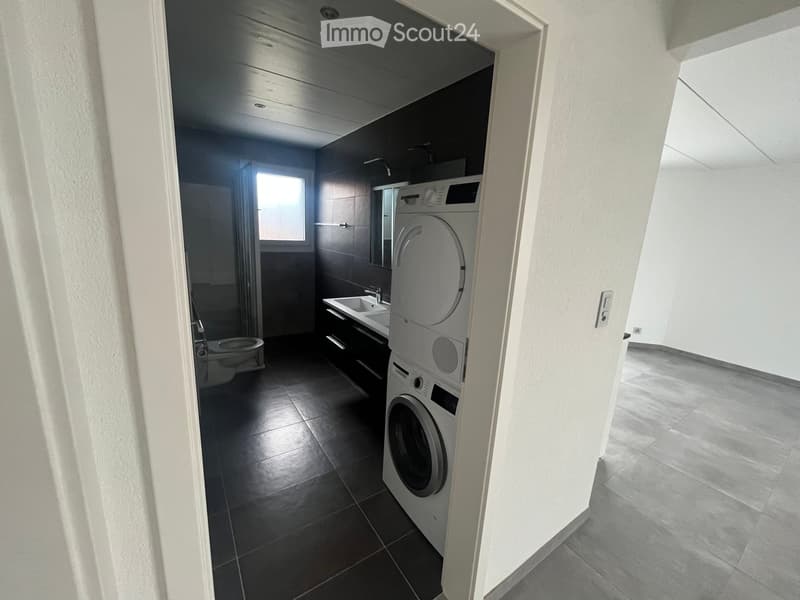 Modern bathroom with dark tiles, a toilet, sink, mirror, and a stacked washing machine/dryer unit.