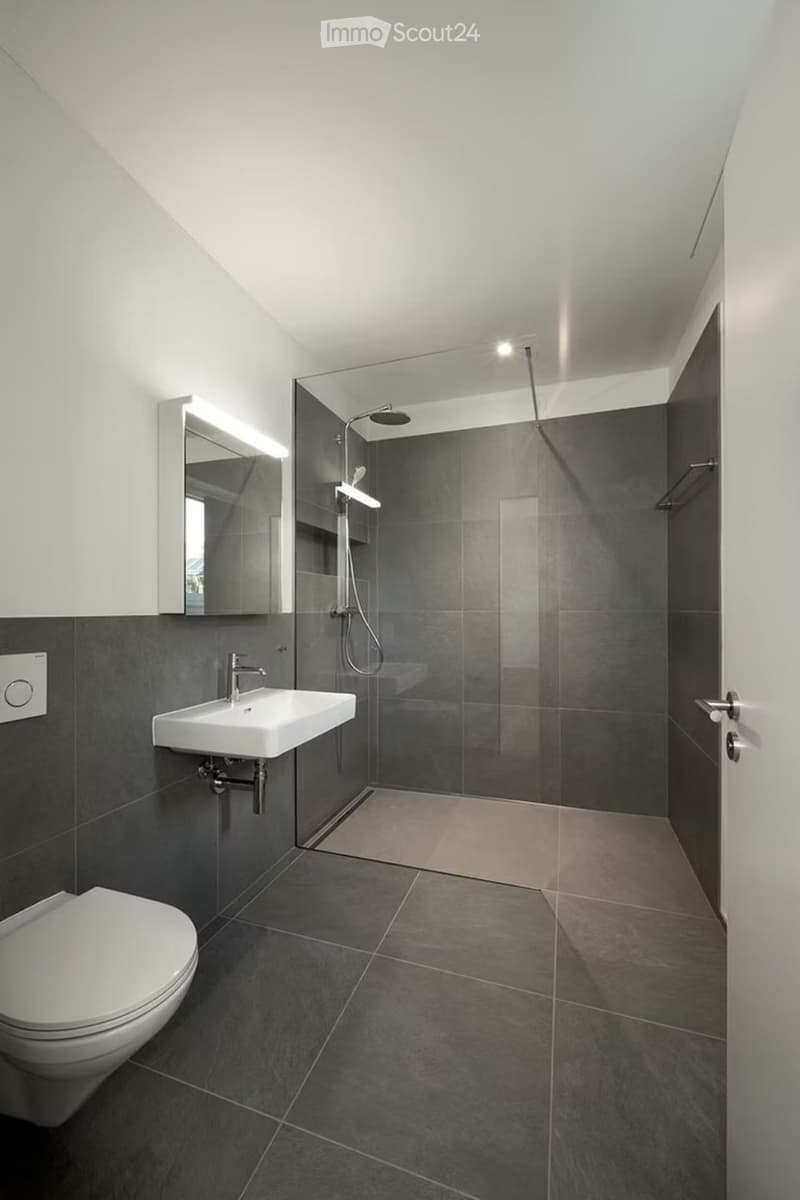 Modern bathroom with dark grey tiles, white fixtures, glass shower enclosure, and built-in lighting.