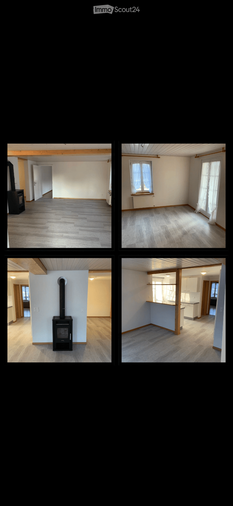Four images showing unfurnished rooms with wooden flooring, white walls, and minimal furnishings. The rooms include a living space, a bedroom, a kitchen area, and a hallway.