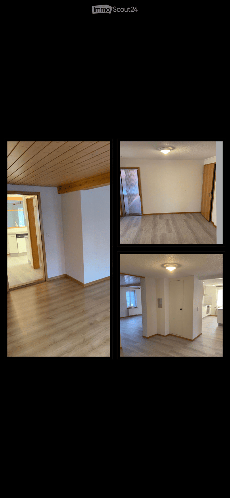 Four empty rooms with wooden flooring, white walls, and basic structural elements. No furniture or personal items are present.