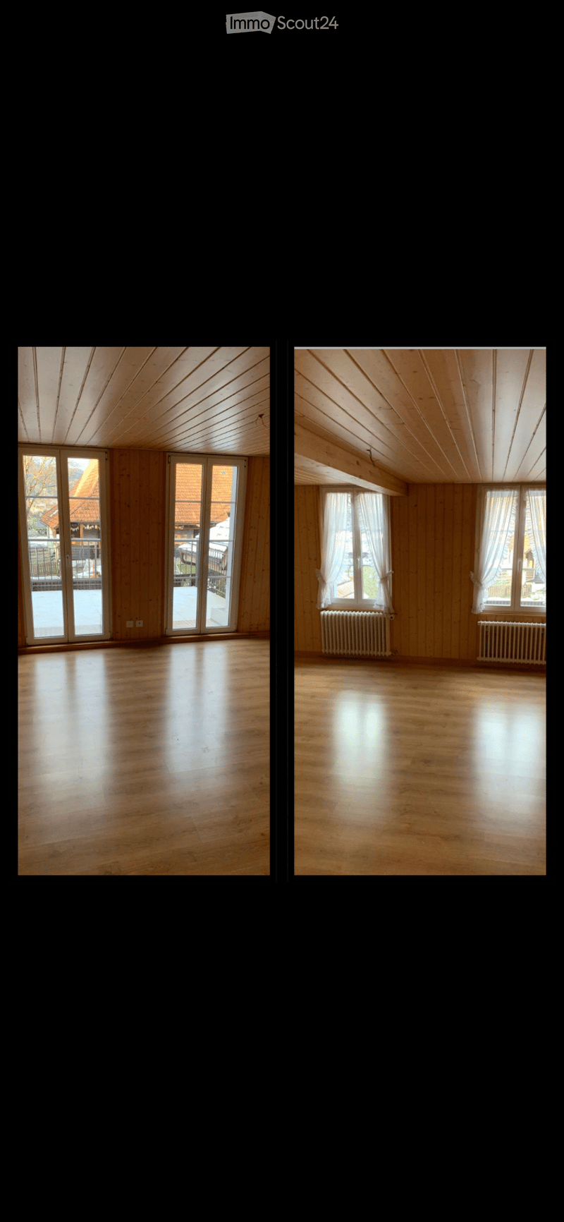 Two empty rooms with wooden floors and walls, large windows, and radiators. No furniture or equipment present.
