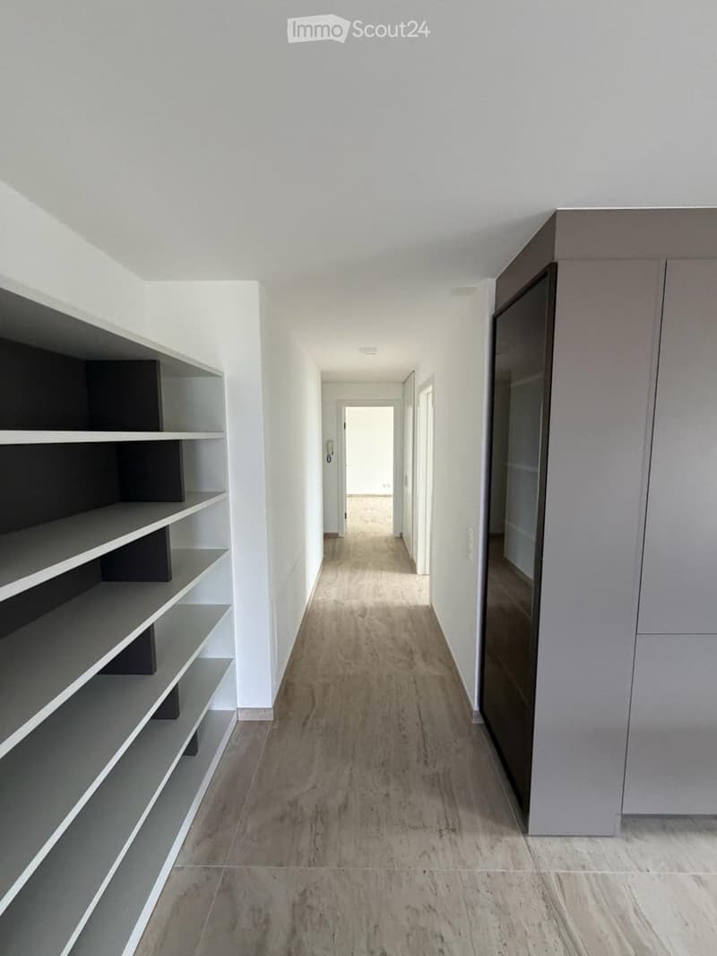 Modern, minimalist hallway with light-colored walls, wooden flooring, built-in shelving on one side, and a closed cabinet on the other.