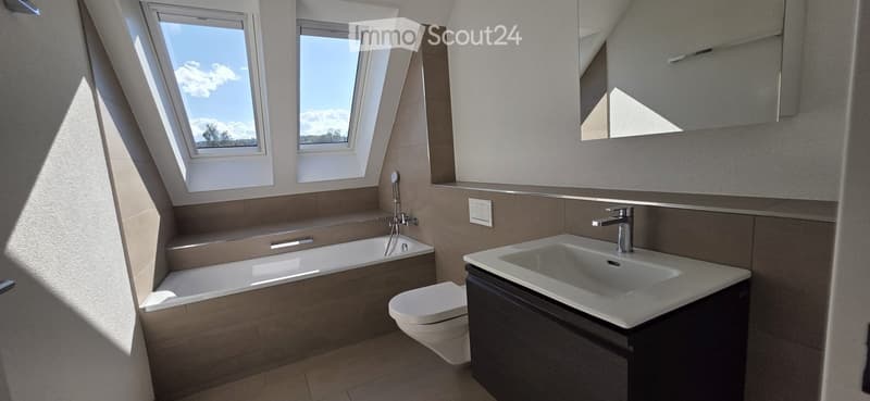 Modern bathroom with a bathtub, toilet, sink, mirror, and skylight windows allowing natural light.