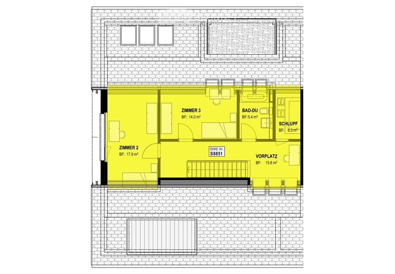 Floor plan showing a layout with multiple rooms including Zimmer 2, Zimmer 3, Bad-DU, Schlaf, Vorplatz, and additional spaces.