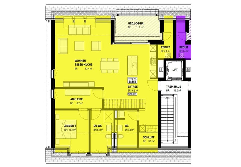 Floor plan of a multi-level house with living, dining, kitchen, bedrooms, bathrooms, and a staircase leading to a loft area.