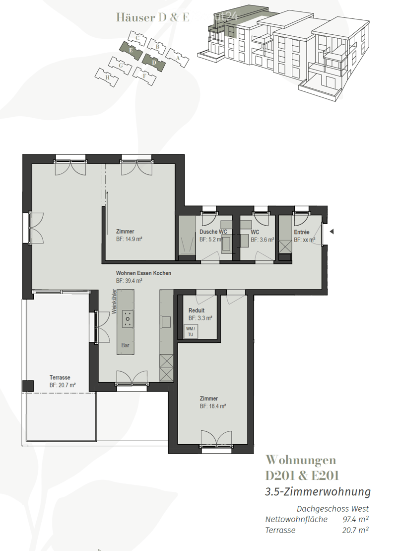 Floor plan of a 3.5-room apartment on the west roof level, including living, dining, kitchen, bedroom, bathroom, WC, entrance, bar, and terrace.