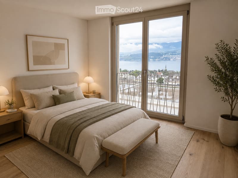 Modern bedroom with a large bed, nightstands, lamps, a bench at the foot of the bed, a large window with a scenic view, and decorative elements including a picture frame and potted plants.