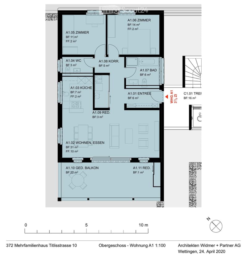 Floor plan of a residential unit on the upper floor, including living and dining area, kitchen, two bedrooms, bathroom, hallway, and balcony.
