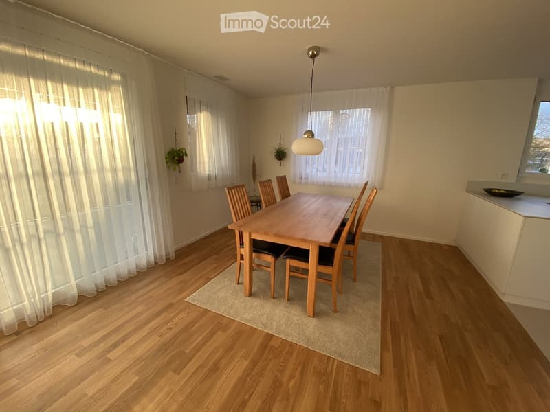 Bright dining area with wooden dining table, six chairs, pendant light, large windows with sheer curtains, and small plants on walls.