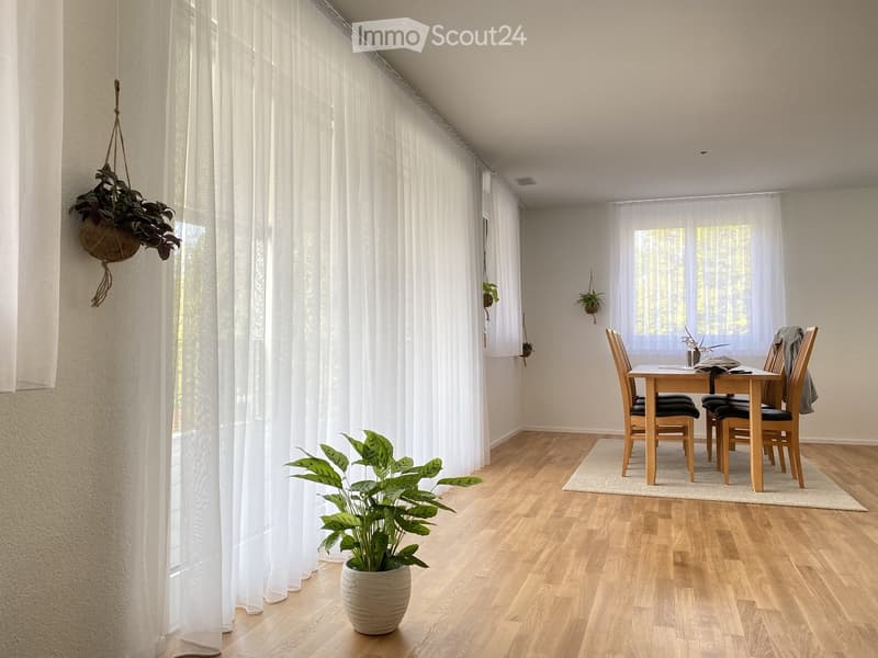 Bright dining area with wooden flooring, large windows with white curtains, a dining table with chairs, and potted plants.