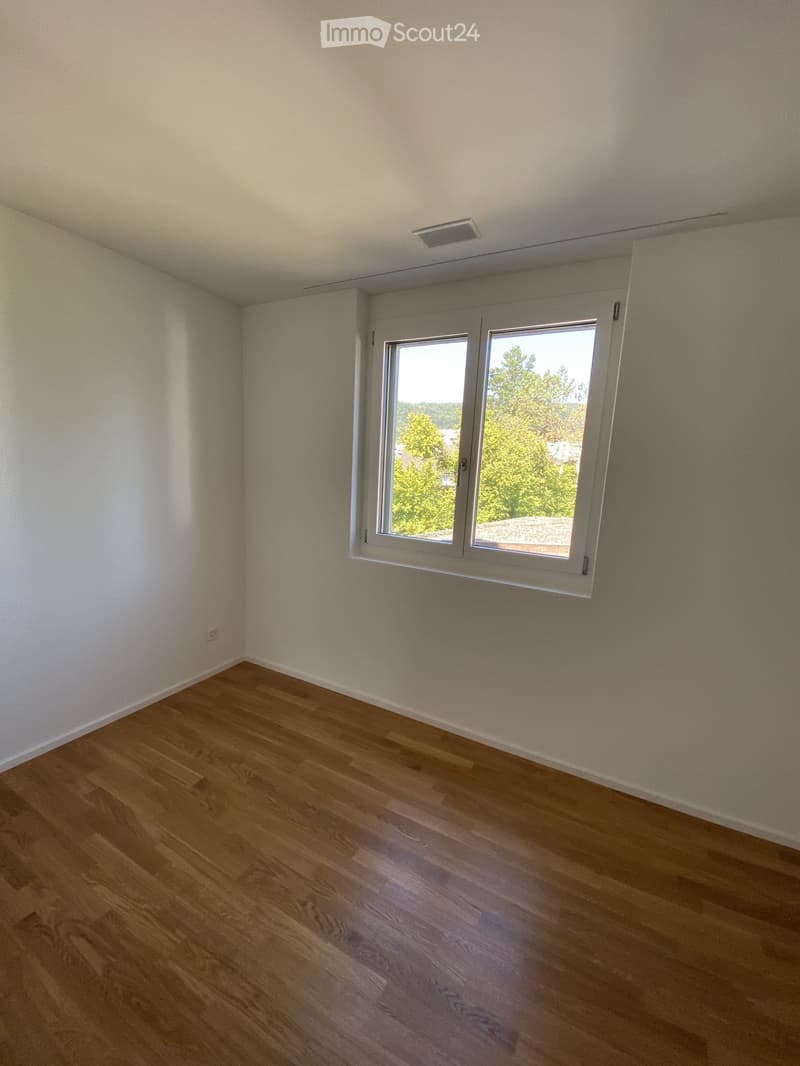Empty room with light-colored walls, wooden flooring, and a large window with white frame showing greenery outside.