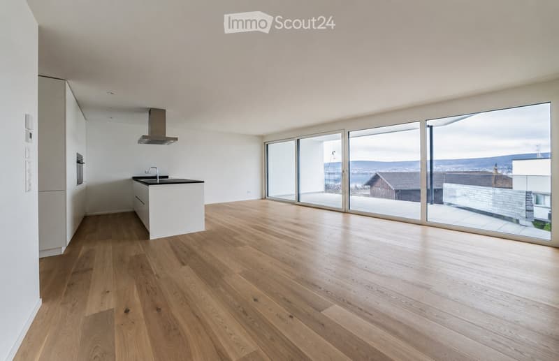 Modern kitchen with light wooden flooring, white cabinetry, a central island, and expansive windows offering a scenic view.