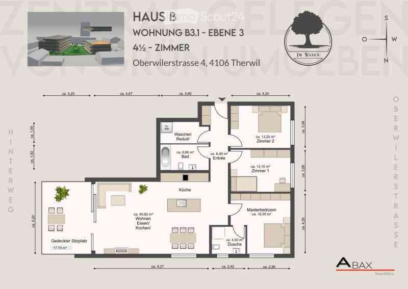 Floor plan of a 4.5-room apartment on the third floor, including a master bedroom, kitchen, living/dining area, two bedrooms, bathroom, and laundry room.