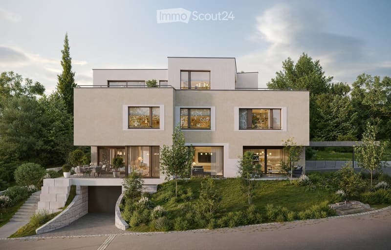 Modern two-story house, white exterior, large windows, open terraces, underground garage, elevated driveway, landscaped gardens, green surroundings
